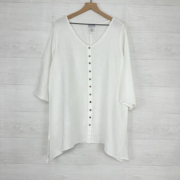 Soft Surroundings 100% Linen Tunic Top Blouse L White Preppy Lagenlook Beach - Picture 1 of 11